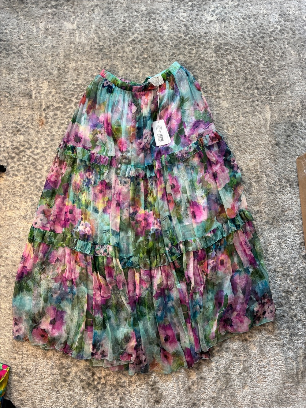 Johnny Was Floral Tiered Maxi Skirt - Pink, Green & Teal